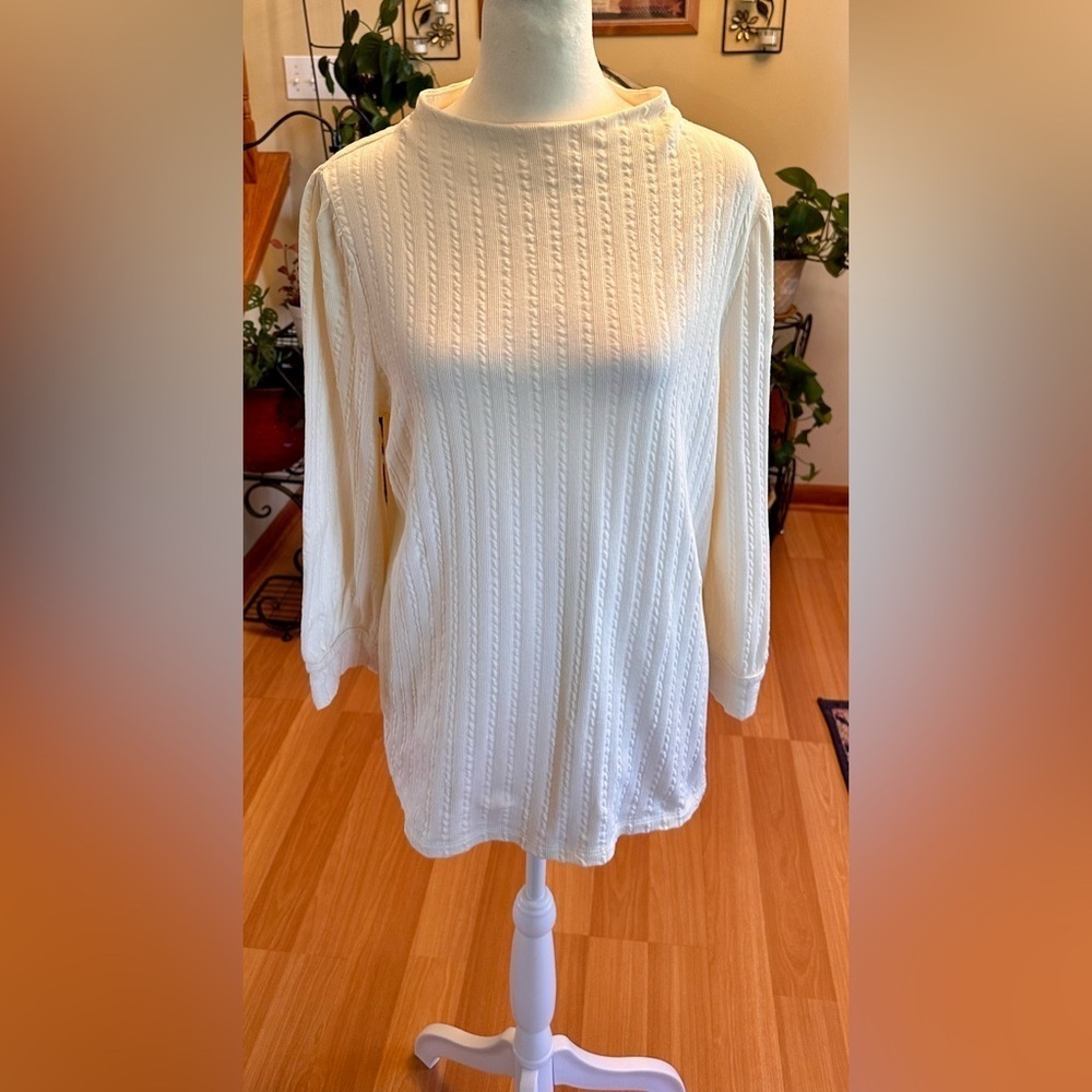 Talbots Women’s Ivory Waffle Knit Pullover Sweater Size L Cotton Blend Crewneck